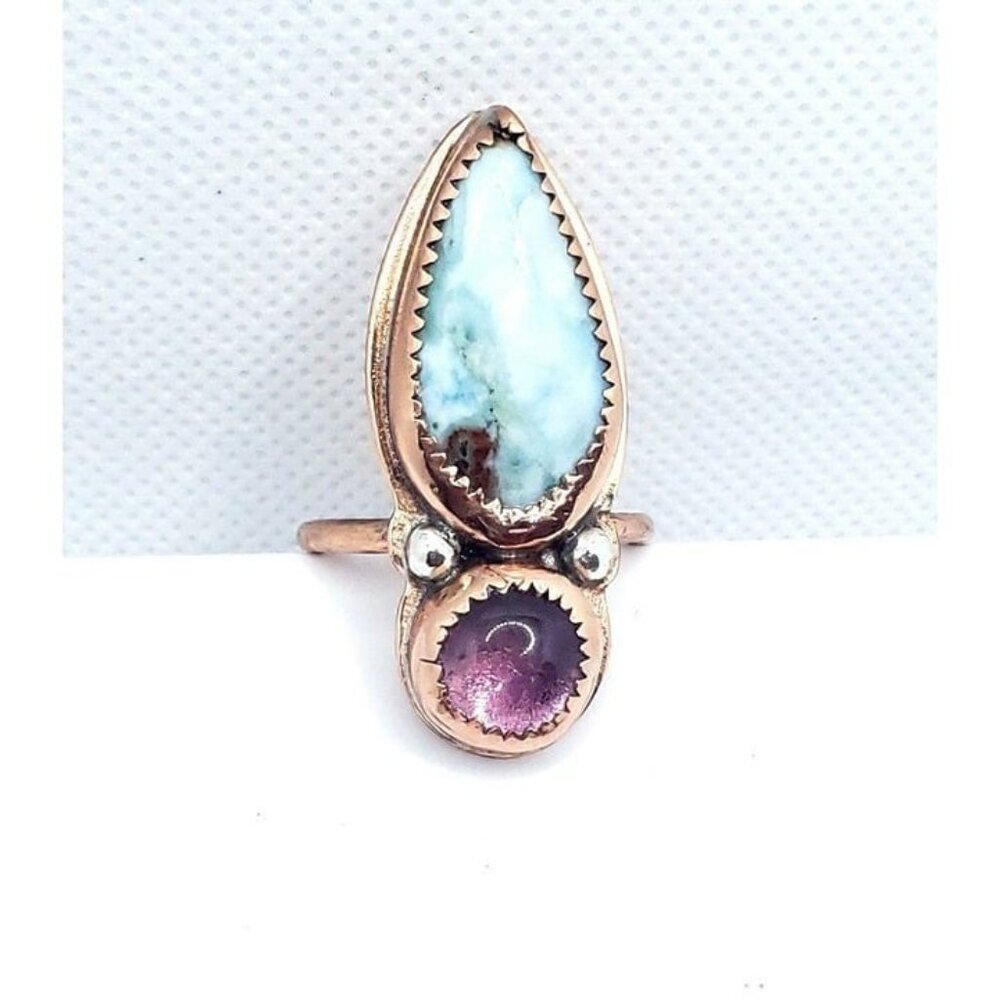 Amethyst and Larmiar Crystal Statement Ring Handmade Copper Jewelry Boho - Picture 9 of 12